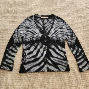 parkerblue Women's Black White Gray Geometric Cashmere Cardigan Sweater V-Neck S